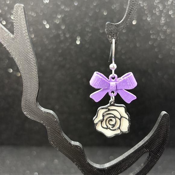 Purple Bow and White Rose Earrings - Picture 3 of 4